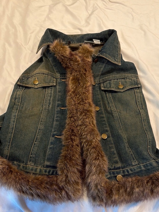 Guess Jackets & Blazers - Guess Dark Denim Jacket with Brown Faux Fur Trim